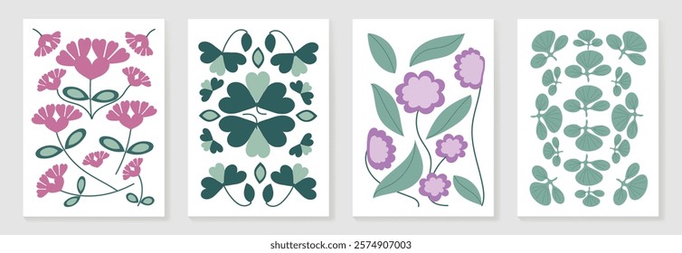 Botanical doodle background art vector set. Flower and leaves abstract shape doodle art design for print, wallpaper, clipart, wall art for home decoration.