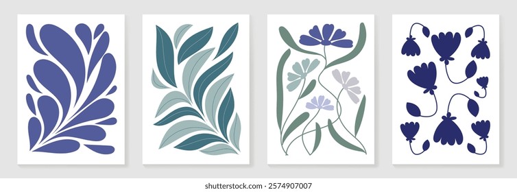 Botanical doodle background art vector set. Flower and leaves abstract shape doodle art design for print, wallpaper, clipart, wall art for home decoration.