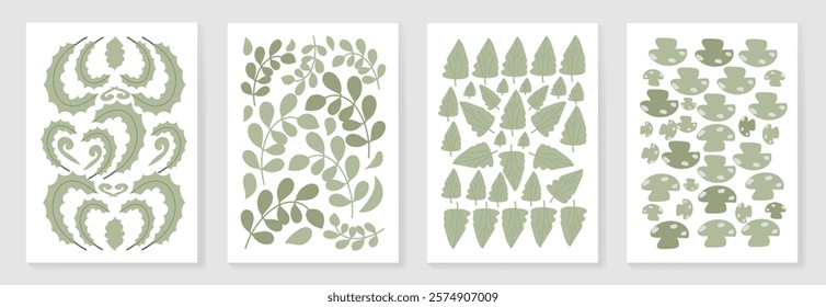 Botanical doodle background art vector set. Flower and leaves abstract shape doodle art design for print, wallpaper, clipart, wall art for home decoration.