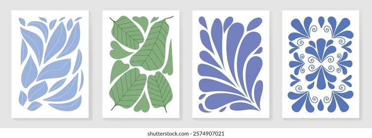 Botanical doodle background art vector set. Flower and leaves abstract shape doodle art design for print, wallpaper, clipart, wall art for home decoration.