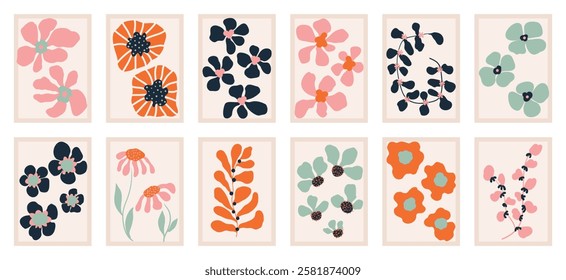 Botanical doodle background art vector set. Flower and leaves abstract shape doodle art design for print, wallpaper, clipart, wall art for home decoration.