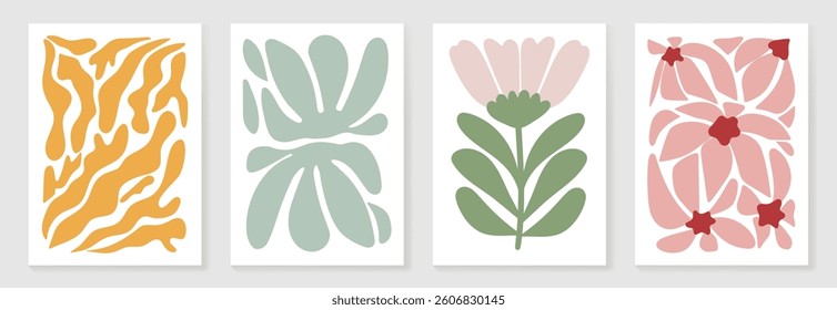 Botanical doodle background art vector set. Flower and leaves abstract shape doodle art design for print, wallpaper, clipart, wall art for home decoration.