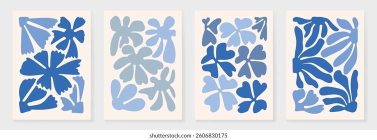 Botanical doodle background art vector set. Flower and leaves abstract shape doodle art design for print, wallpaper, clipart, wall art for home decoration.