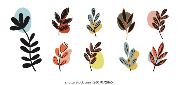 Botanical doodle background art vector set. Flower and leaves abstract shape doodle art design for print, wallpaper, clipart.