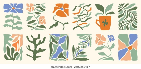 Botanical doodle background art vector set. Flower and leaves abstract shape doodle art design for print, wallpaper, clipart, wall art for home decoration.
