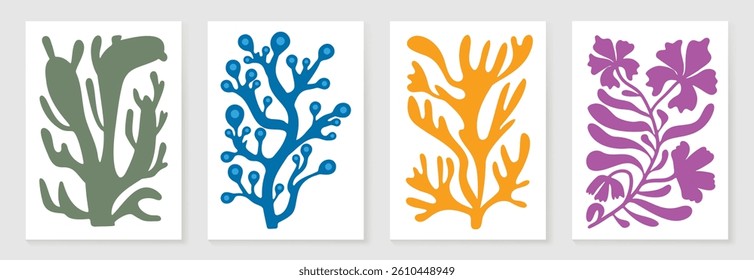 Botanical doodle background art vector set. Flower and leaves abstract shape doodle art design for print, wallpaper, clipart, wall art for home decoration.