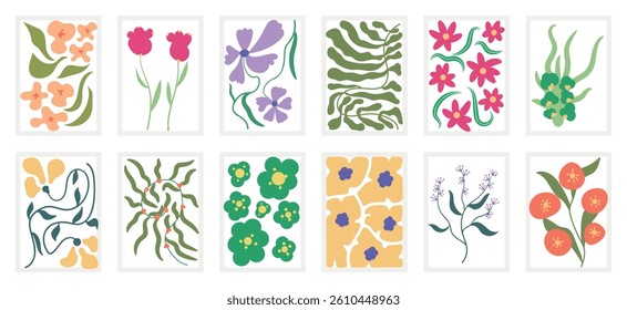 Botanical doodle background art vector set. Flower and leaves abstract shape doodle art design for print, wallpaper, clipart, wall art for home decoration.