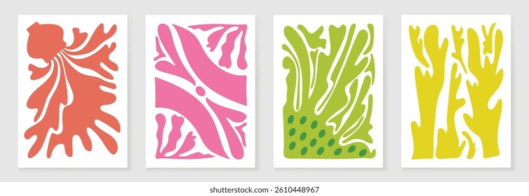 Botanical doodle background art vector set. Flower and leaves abstract shape doodle art design for print, wallpaper, clipart, wall art for home decoration.