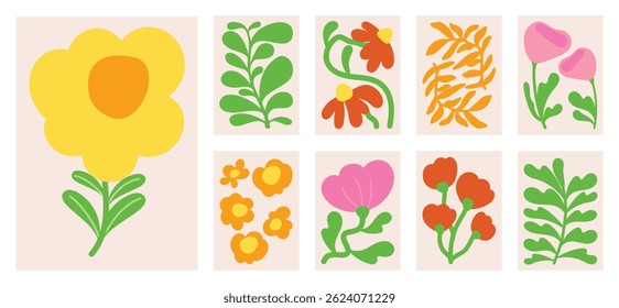 Conjunto de vetor de arte de fundo de doodle botânico. Flor e folhas forma abstrata design de arte rabiscar para impressão, papel de parede, clipart, arte de parede para decoração de casa.