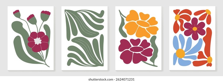 Botanical doodle background art vector set. Flower and leaves abstract shape doodle art design for print, wallpaper, clipart, wall art for home decoration.