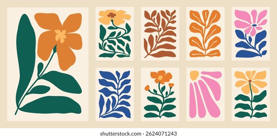 Botanical doodle background art vector set. Flower and leaves abstract shape doodle art design for print, wallpaper, clipart, wall art for home decoration.