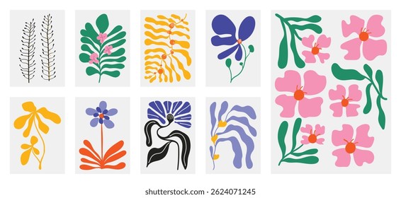 Conjunto de Vector de arte de fondo de doodle botánico. Flor y hojas de forma abstracta doodle diseño de arte para impresión, Fondo de pantalla, Clipart, arte de la pared para la decoración del hogar.