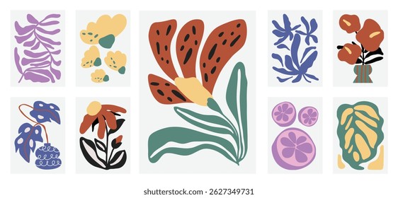 Conjunto de Vector de arte de fondo de doodle botánico. Flor y hojas de forma abstracta doodle diseño de arte para impresión, Fondo de pantalla, Clipart, arte de la pared para la decoración del hogar.