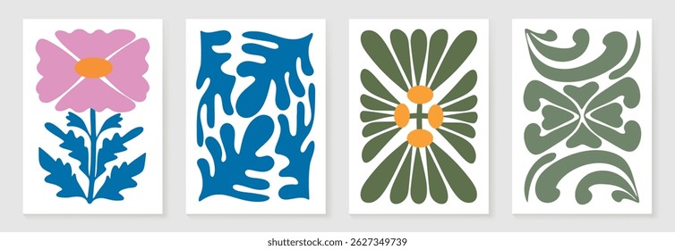 Botanical doodle background art vector set. Flower and leaves abstract shape doodle art design for print, wallpaper, clipart, wall art for home decoration.