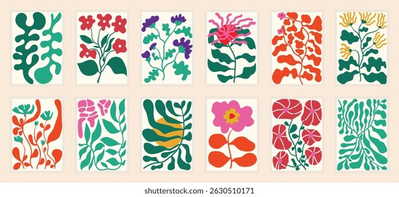 Botanical doodle background art vector set. Flower and leaves abstract shape doodle art design for print, wallpaper, clipart, wall art for home decoration.
