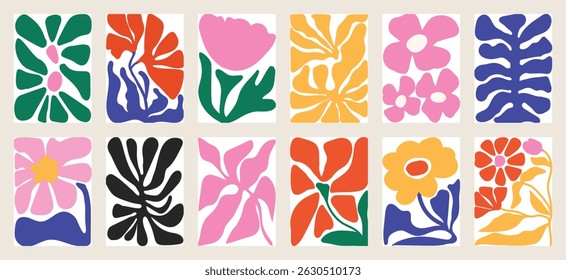 Botanical doodle background art vector set. Flower and leaves abstract shape doodle art design for print, wallpaper, clipart, wall art for home decoration.