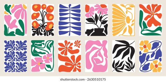 Botanical doodle background art vector set. Flower and leaves abstract shape doodle art design for print, wallpaper, clipart, wall art for home decoration.