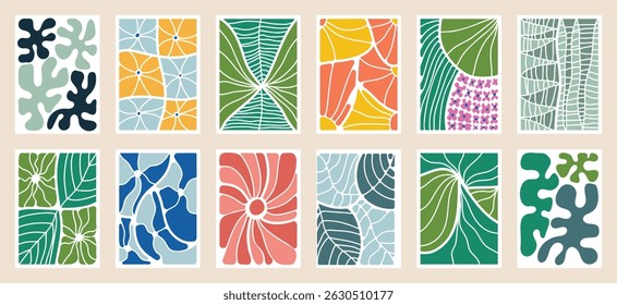 Botanical doodle background art vector set. Flower and leaves abstract shape doodle art design for print, wallpaper, clipart, wall art for home decoration.