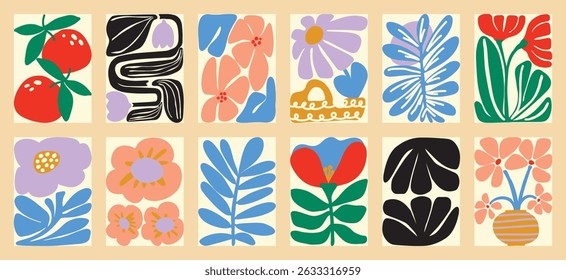 Botanical doodle background art vector set. Flower and leaves abstract shape doodle art design for print, wallpaper, clipart, wall art for home decoration.