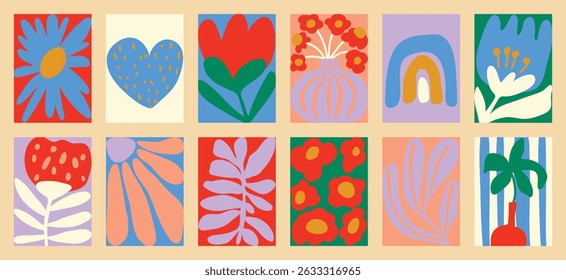 Botanical doodle background art vector set. Flower and leaves abstract shape doodle art design for print, wallpaper, clipart, wall art for home decoration.