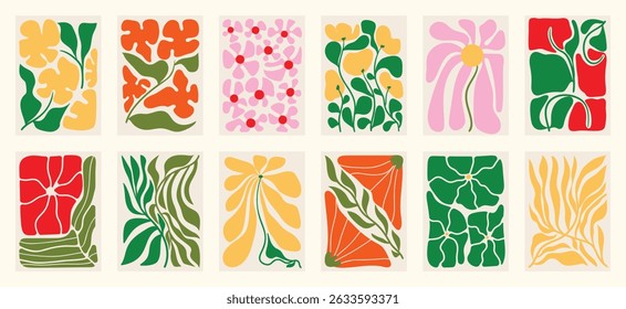 Botanical doodle background art vector set. Flower and leaves abstract shape doodle art design for print, wallpaper, clipart, wall art for home decoration.