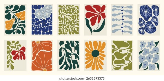 Botanical doodle background art vector set. Flower and leaves abstract shape doodle art design for print, wallpaper, clipart, wall art for home decoration.