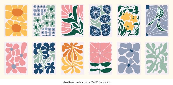 Botanical doodle background art vector set. Flower and leaves abstract shape doodle art design for print, wallpaper, clipart, wall art for home decoration.