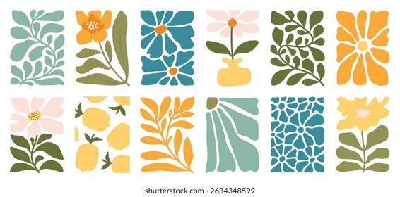 Botanical doodle background art vector set. Flower and leaves abstract shape doodle art design for print, wallpaper, clipart, wall art for home decoration.