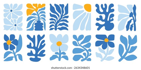 Botanical doodle background art vector set. Flower and leaves abstract shape doodle art design for print, wallpaper, clipart, wall art for home decoration.
