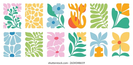 Botanical doodle background art vector set. Flower and leaves abstract shape doodle art design for print, wallpaper, clipart, wall art for home decoration.