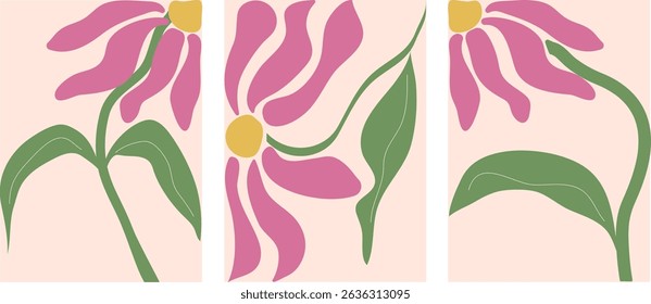 Botanical doodle background art vector set. Flower and leaves abstract shape doodle art design for print, wallpaper, clipart, wall art for home decoration.
