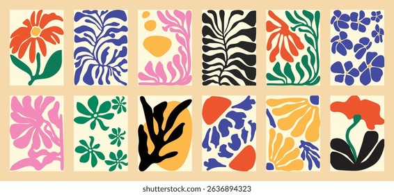 Botanical doodle background art vector set. Flower and leaves abstract shape doodle art design for print, wallpaper, clipart, wall art for home decoration.