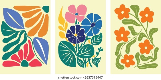 Botanical doodle background art vector set. Flower and leaves abstract shape doodle art design for print, wallpaper, clipart, wall art for home decoration.