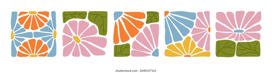 Botanical doodle background art vector set. Flower and leaves abstract shape doodle art design for print, wallpaper, clipart, wall art for home decoration.