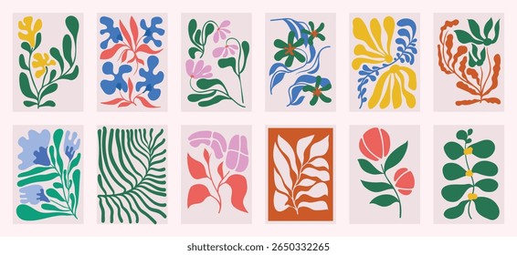 Conjunto de Vector de arte de fondo de doodle botánico. Flor y hojas de forma abstracta doodle diseño de arte para impresión, Fondo de pantalla, Clipart, arte de la pared para la decoración del hogar.