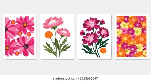 Botanical doodle background art vector set. Flower and leaves abstract shape doodle art design for print, wallpaper, clipart, wall art for home decoration
