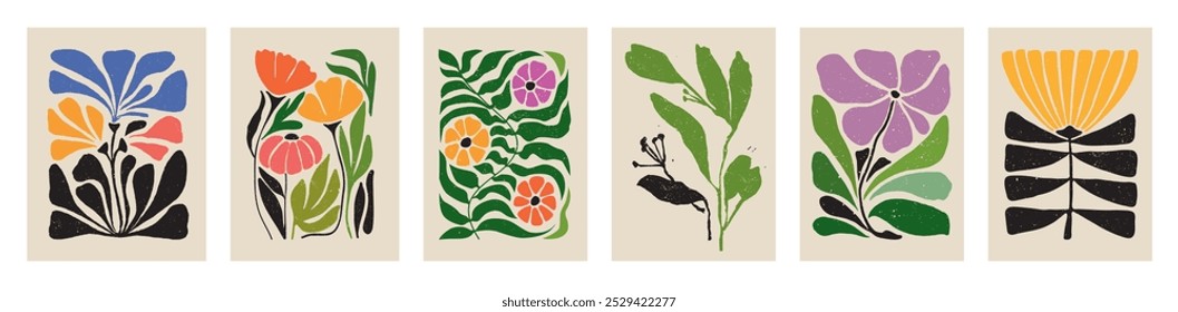 Botanical doodle background. Trendy abstract floral art vector set. Matisse style minimalist botanical shape. Modern boho flower, leaves doodle design for print, wallpaper, wall art, home decoration. 