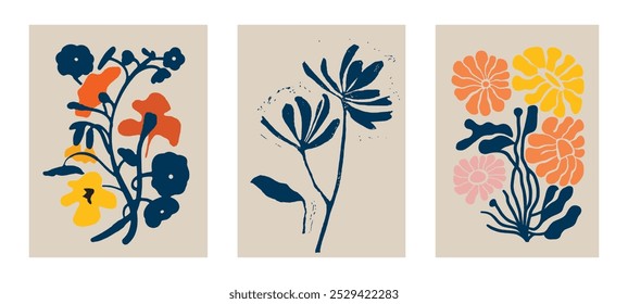 Botanical doodle background. Trendy abstract floral art vector set. Matisse style minimalist botanical shape. Modern boho flower, leaves doodle design for print, wallpaper, wall art, home decoration. 