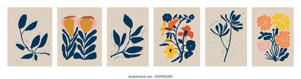 Fundo de doodle botânico. Conjunto vetor de arte floral abstrata da moda. Forma botânica minimalista ao estilo Matisse. Flor boho moderna, folhas doodle design para impressão, papel de parede, arte de parede, decoração de casa. 