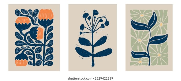 Botanischer Doodle-Hintergrund. Trendy abstrakte florale Kunst Vektor-Set. Matisse Stil minimalistische botanische Form. Moderne Boho Blume, Blätter doodle Design für Druck, Tapete, Wandkunst, Hausdekoration. 