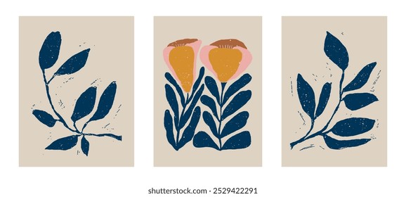 Botanical doodle background. Trendy abstract floral art vector set. Matisse style minimalist botanical shape. Modern boho flower, leaves doodle design for print, wallpaper, wall art, home decoration. 