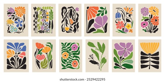 Botanical doodle background. Trendy abstract floral art vector set. Matisse style minimalist botanical shape. Modern boho flower, leaves doodle design for print, wallpaper, wall art, home decoration. 