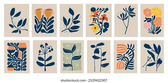 Botanical doodle background. Trendy abstract floral art vector set. Matisse style minimalist botanical shape. Modern boho flower, leaves doodle design for print, wallpaper, wall art, home decoration. 