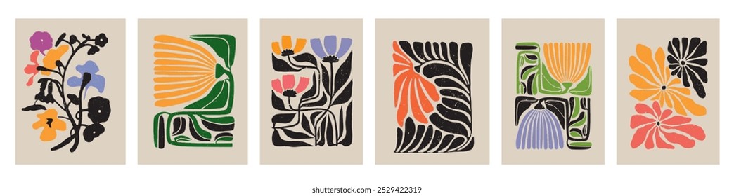 Fondo de doodle botánico. Conjunto de Vector de arte floral abstracto de moda. Forma botánica minimalista estilo Matisse. Flor boho moderna, diseño de doodle de hojas para imprimir, Fondo de pantalla, arte de la pared, decoración del hogar. 