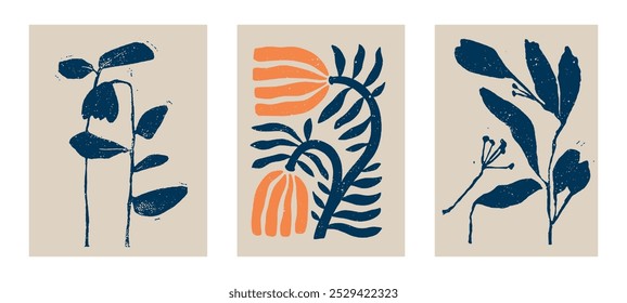 Botanical doodle background. Trendy abstract floral art vector set. Matisse style minimalist botanical shape. Modern boho flower, leaves doodle design for print, wallpaper, wall art, home decoration. 