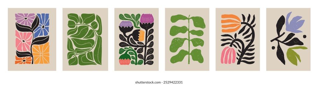 Fondo de doodle botánico. Conjunto de Vector de arte floral abstracto de moda. Forma botánica minimalista estilo Matisse. Flor boho moderna, diseño de doodle de hojas para imprimir, Fondo de pantalla, arte de la pared, decoración del hogar. 