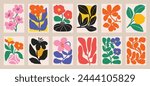 Botanical doodle background vector set. Flower and leaves abstract shape doodle art design for print, wallpaper, clipart, wall art for home decoration.