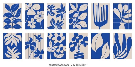 Botanical doodle background vector set. Flower and leaves, blue color. Abstract shape doodle art design for print, wallpaper, clipart, wall art for home decoration.