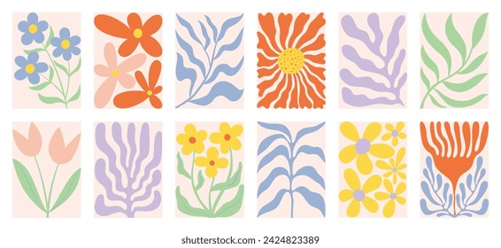 Botanical doodle background vector set. Flower and leaves abstract shape doodle art design for print, wallpaper, clipart, wall art for home decoration.