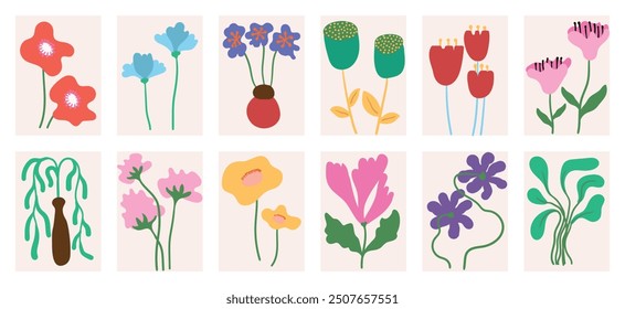 Botanical doodle background vector set. Flower and leaves abstract shape doodle art design for print, wallpaper, clipart, wall art for home decoration.